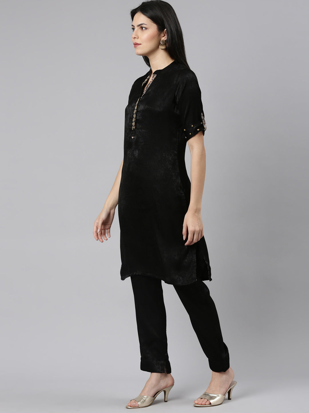 Neerus Black satin straight kurta set - back view