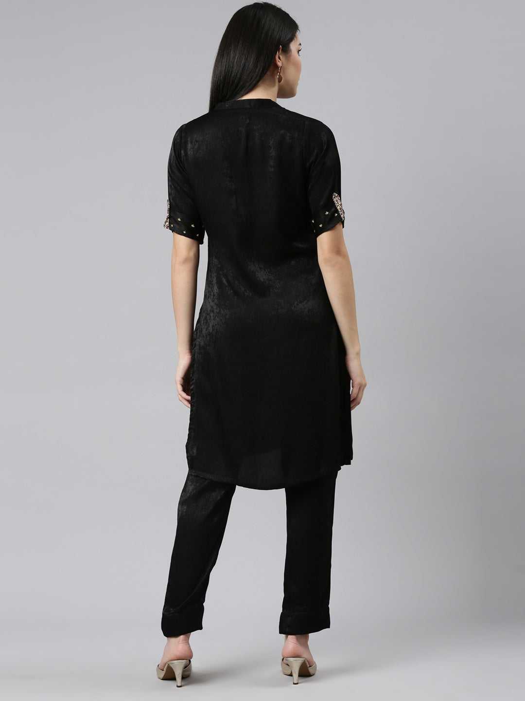 Neerus Black satin straight kurta set - side view