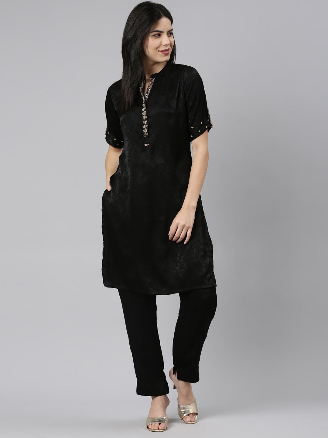 Neerus Black satin straight kurta set - detail view 2