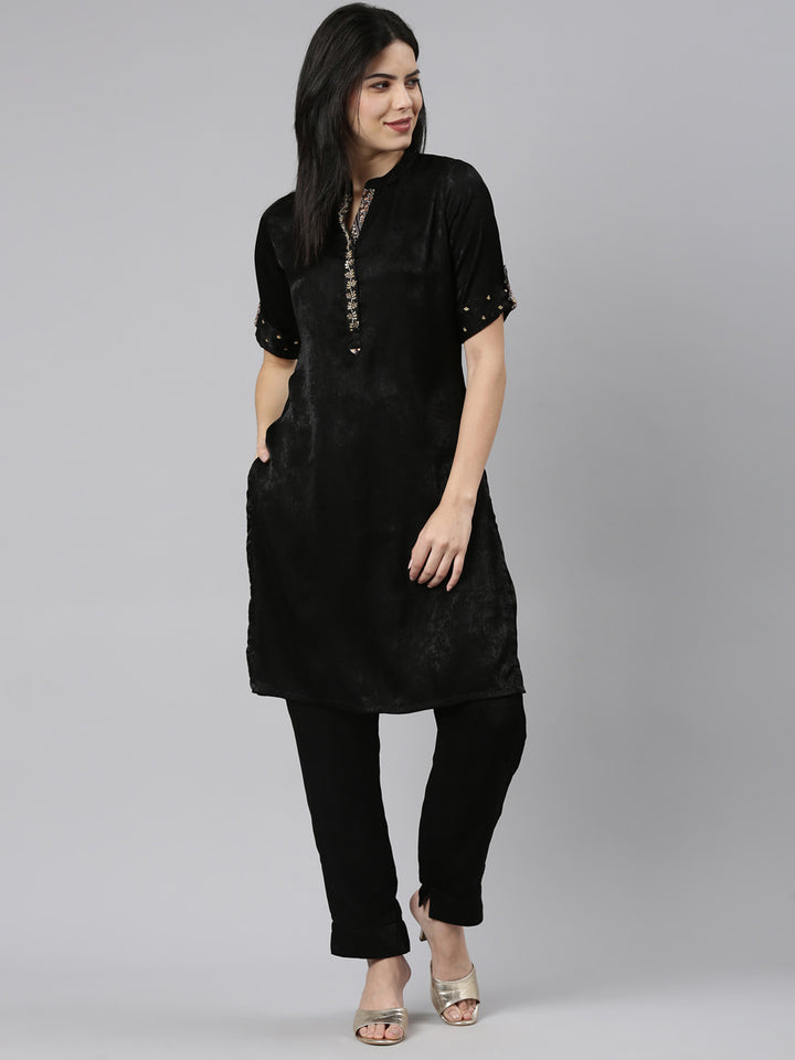 Neerus Black satin straight kurta set - detail view 2