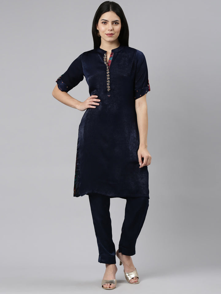 Neerus Navy Blue Regular Straight Solid Kurta And Trousers