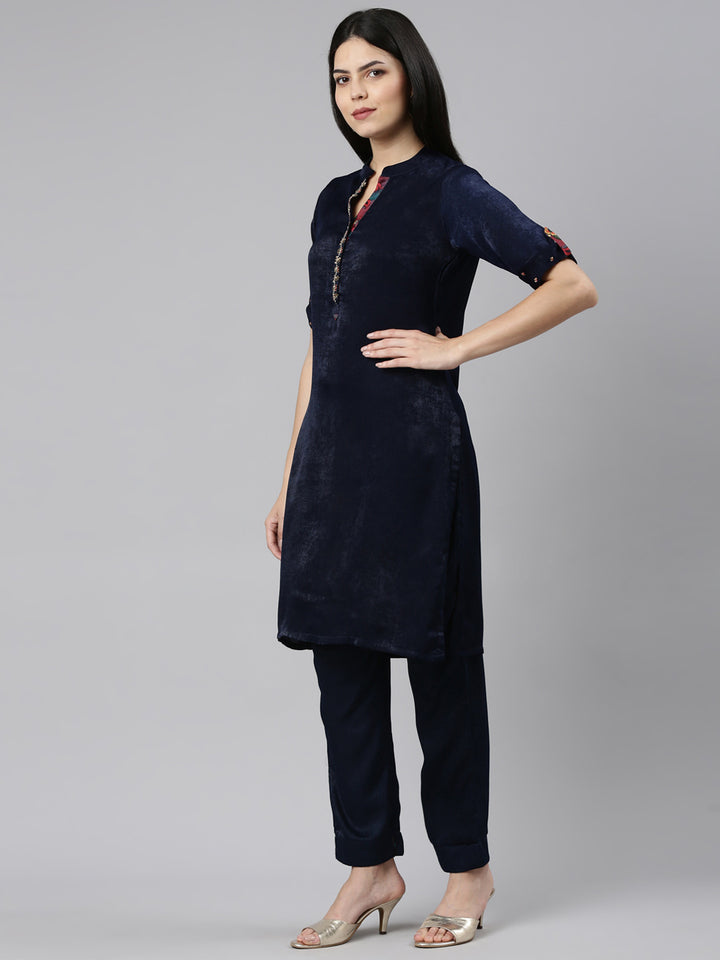 Neerus Navy Blue Regular Straight Solid Kurta And Trousers