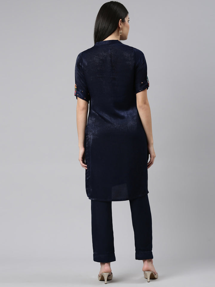 Neerus Navy Blue Regular Straight Solid Kurta And Trousers
