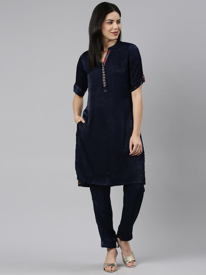 Neerus Navy Blue Regular Straight Solid Kurta And Trousers