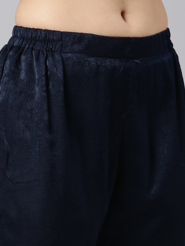 Neerus Navy Blue Regular Straight Solid Kurta And Trousers