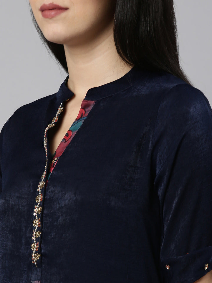 Neerus Navy Blue Regular Straight Solid Kurta And Trousers