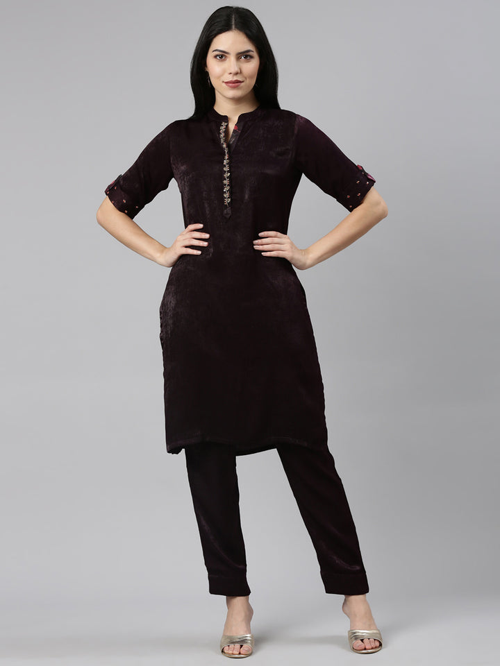 Neerus Purple Regular Straight Solid Kurta And Trousers