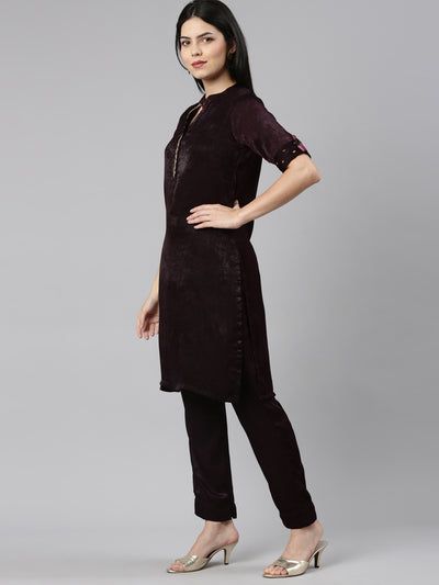 Neerus Purple Regular Straight Solid Kurta And Trousers