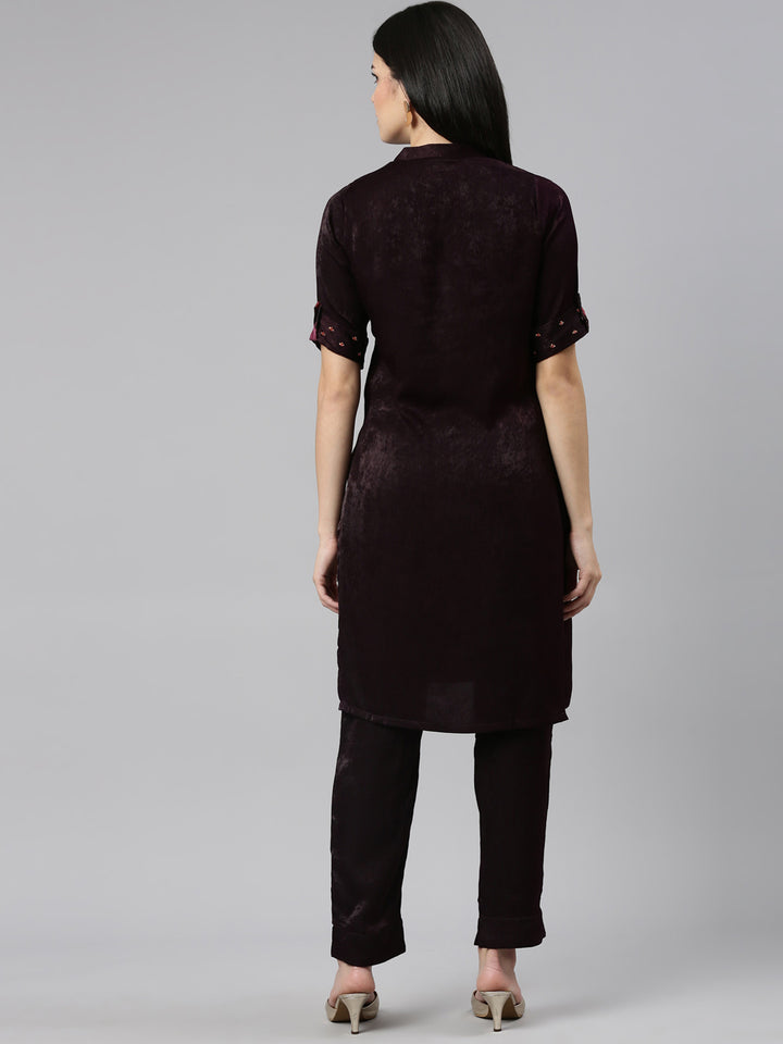 Neerus Purple Regular Straight Solid Kurta And Trousers