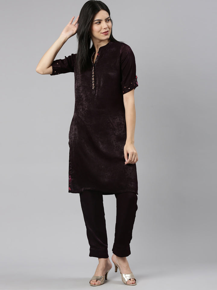 Neerus Purple Regular Straight Solid Kurta And Trousers