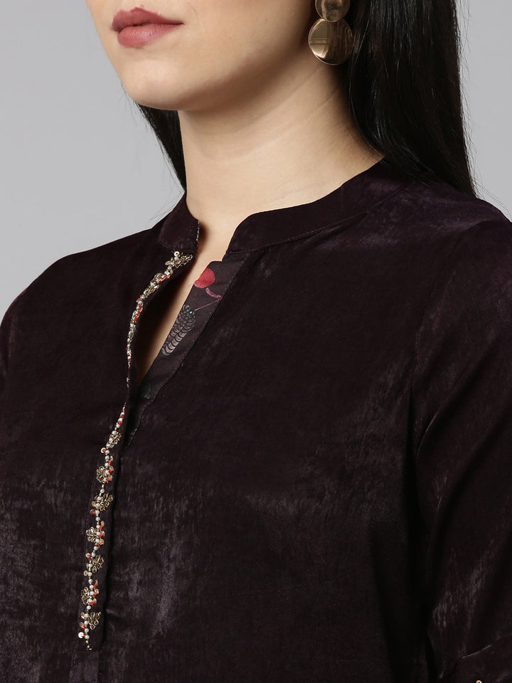 Neerus Purple Regular Straight Solid Kurta And Trousers