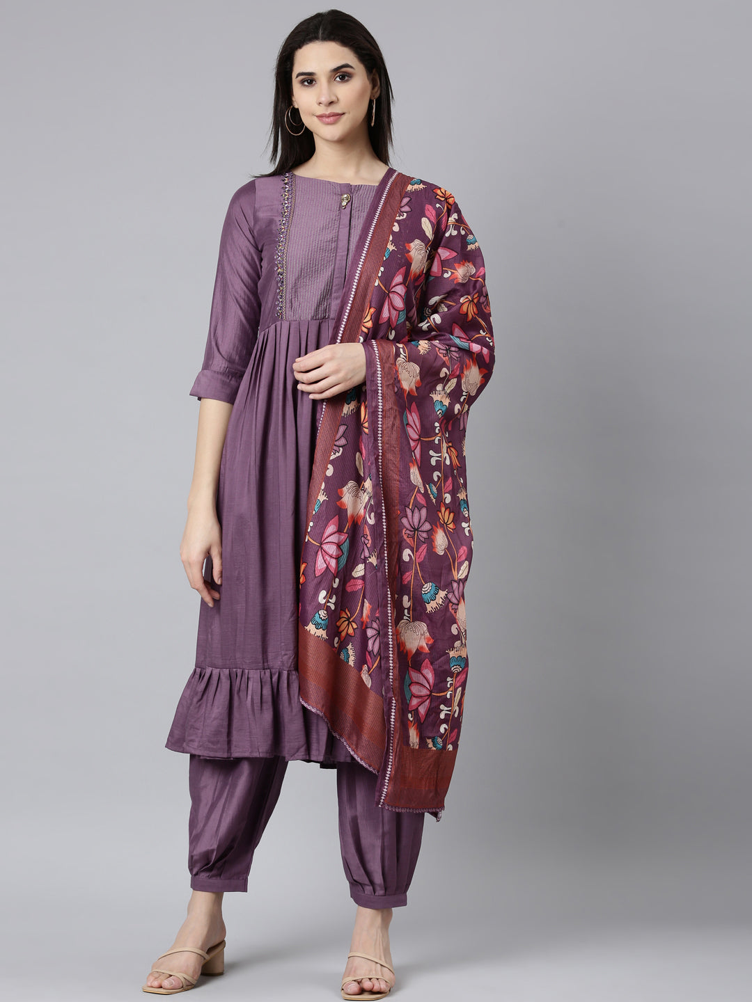Neerus Purple solid straight suit set - front view
