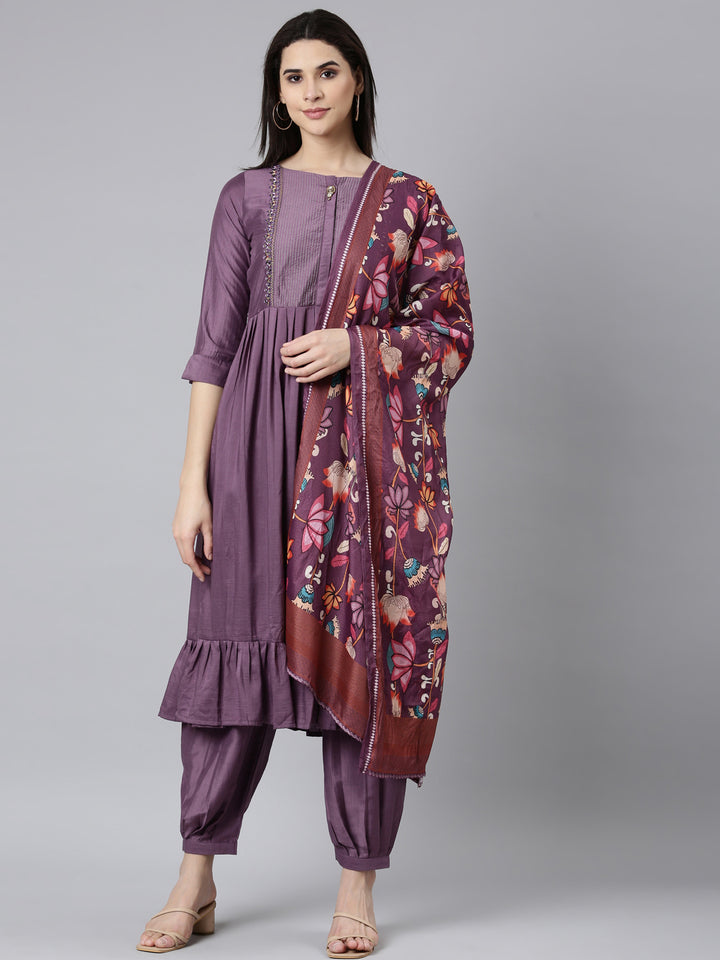 Neerus Purple solid straight suit set - front view