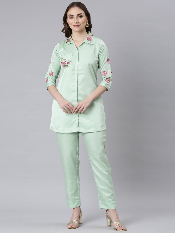 Neerus Green raw silk embroidered co-ord set - front view
