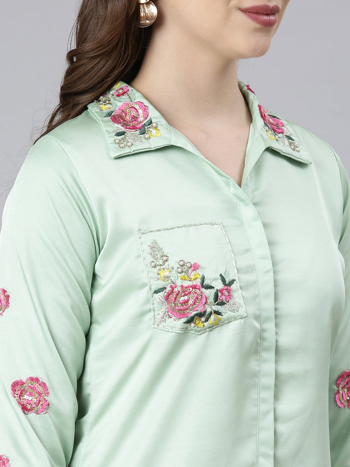 Neerus Green raw silk embroidered co-ord set - back view