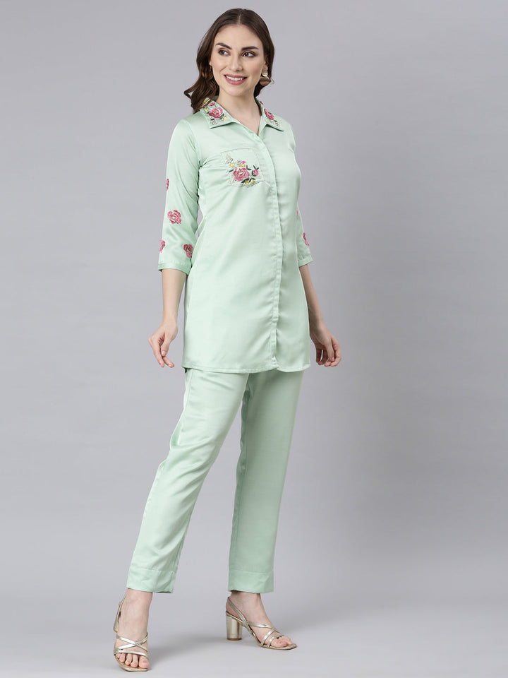 Neerus Green raw silk embroidered co-ord set - side view