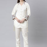 Neerus Cream Casual Embroidered Top And Trousers