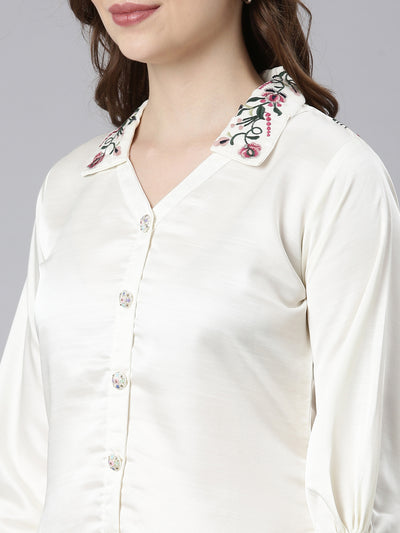 Neerus Cream Casual Embroidered Top And Trousers