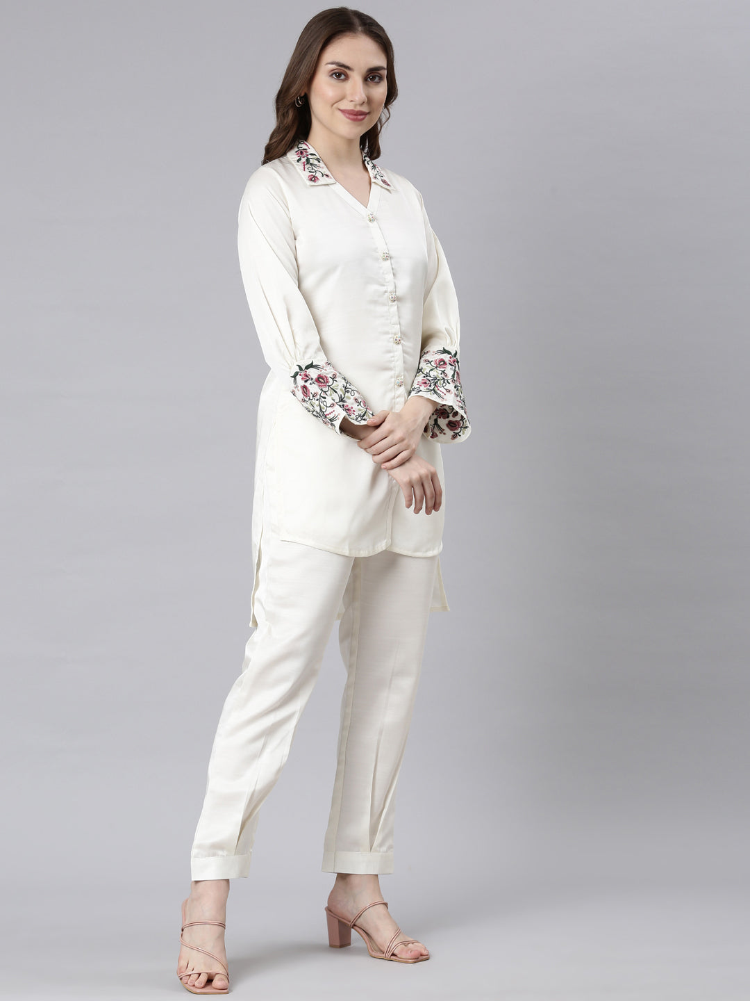 Neerus Cream Casual Embroidered Top And Trousers