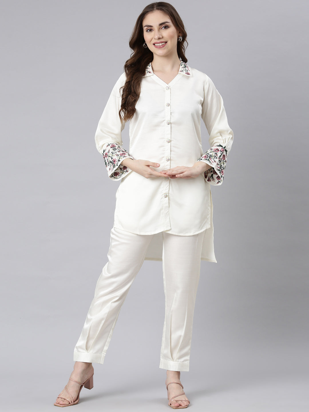 Neerus Cream Casual Embroidered Top And Trousers