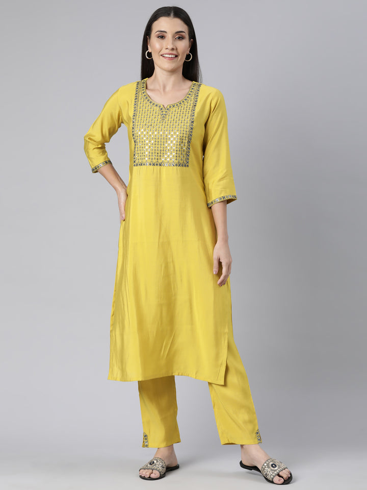 Neerus Green Regular Straight Solid Kurta And  Trousers