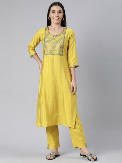 Neerus Green Regular Straight Solid Kurta And  Trousers