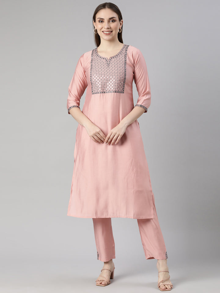 Neerus Pink Regular Straight Solid Kurta And  Trousers