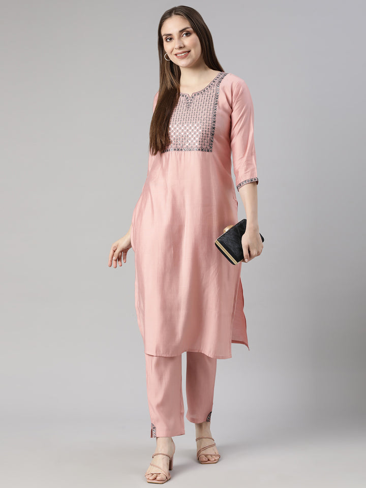 Neerus Pink Regular Straight Solid Kurta And  Trousers