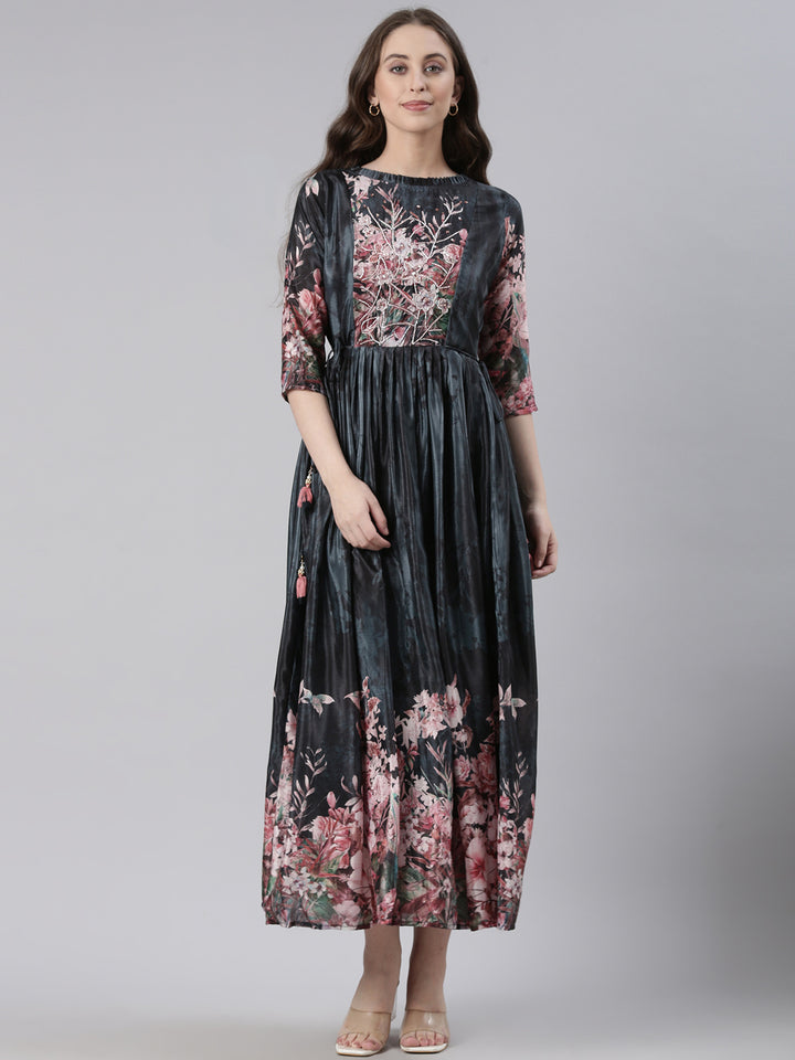 Neerus Grey Casual Floral Maxi Dresses