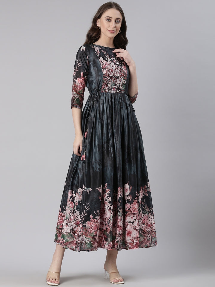 Neerus Grey Casual Floral Maxi Dresses