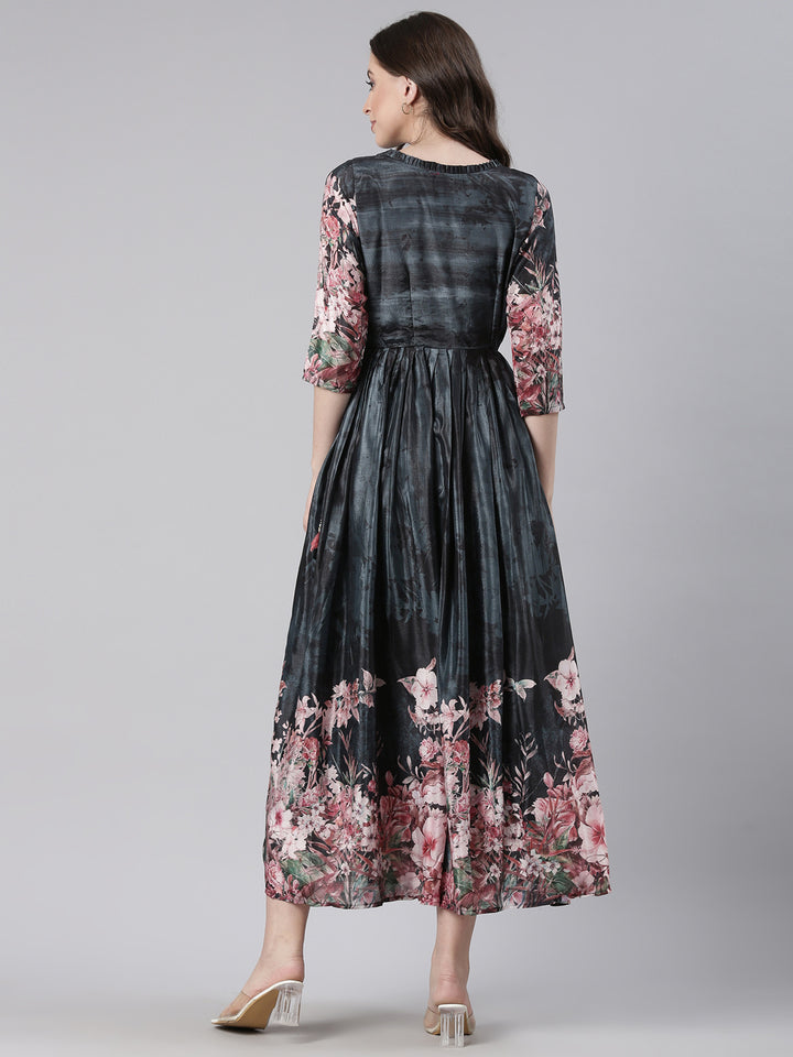 Neerus Grey Casual Floral Maxi Dresses