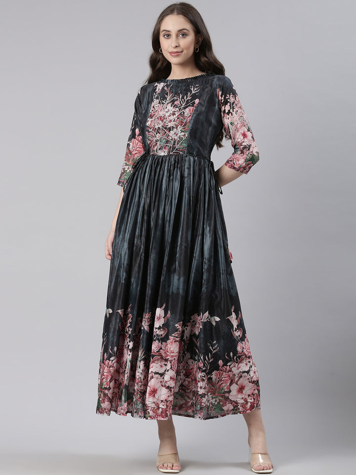 Neerus Grey Casual Floral Maxi Dresses