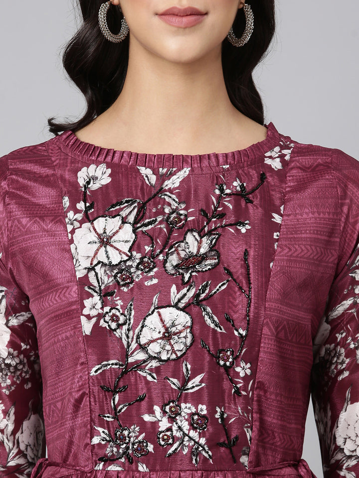 Neerus Wine Casual Floral Maxi Dresses