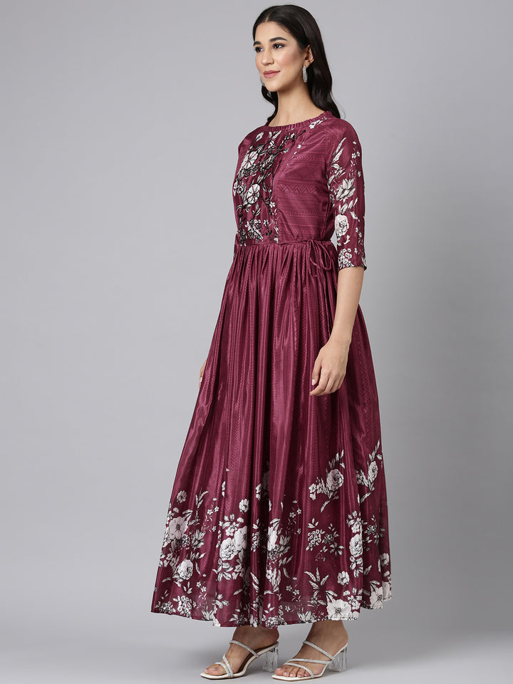 Neerus Wine Casual Floral Maxi Dresses