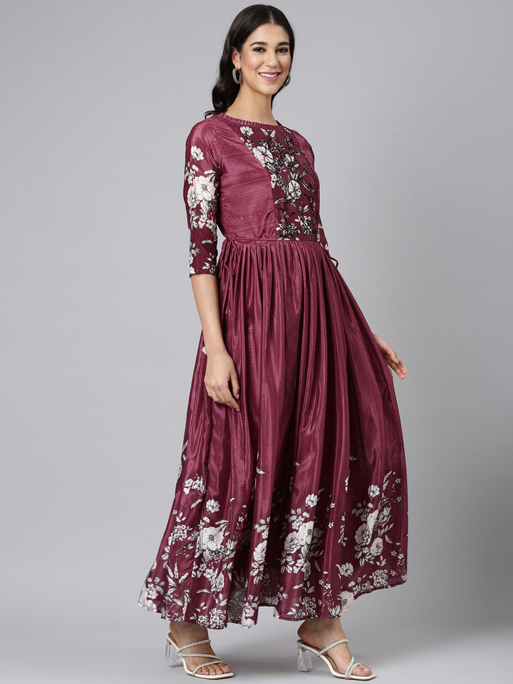 Neerus Wine Casual Floral Maxi Dresses