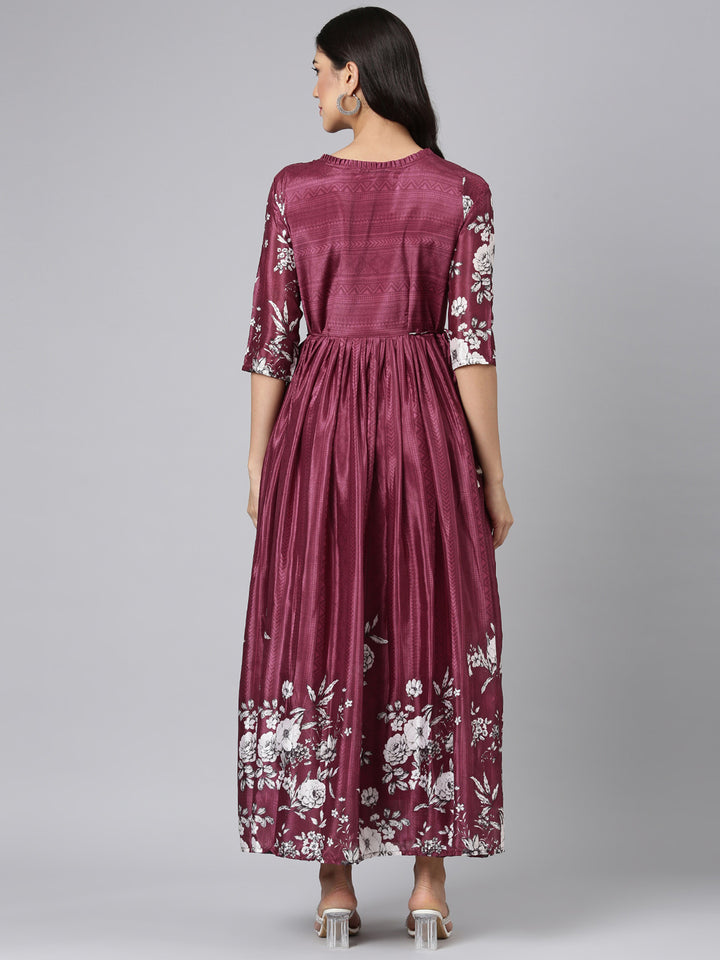 Neerus Wine Casual Floral Maxi Dresses