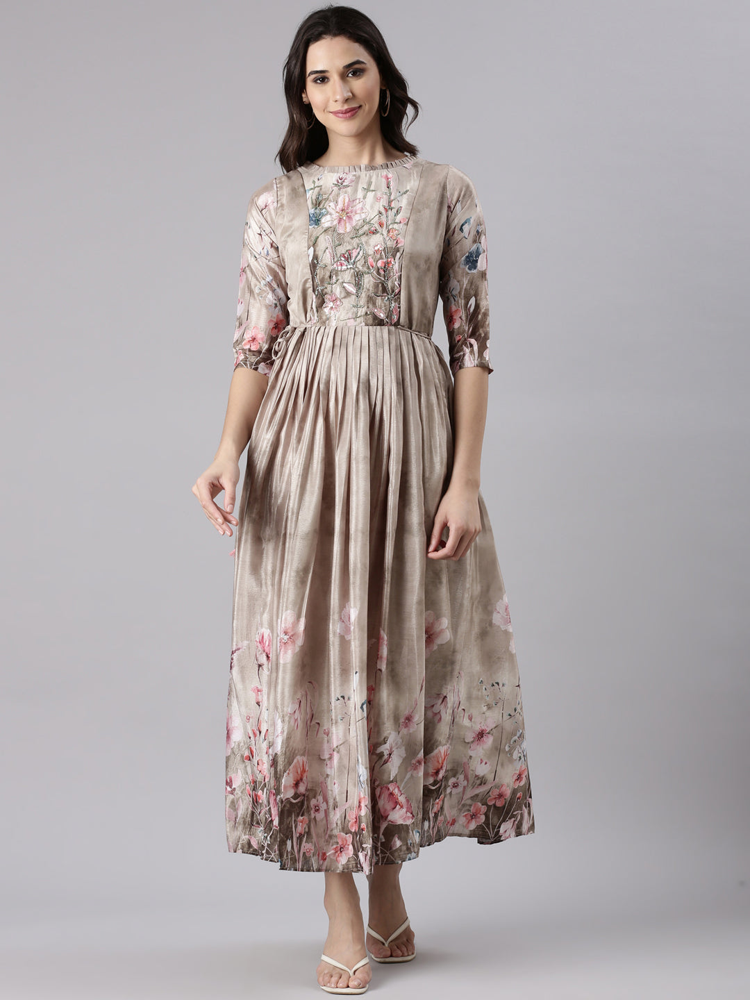 Beige Silk Printed Long Frock – Neerus India