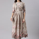 Beige Silk Printed Long Frock