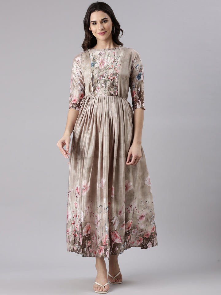 Beige Silk Printed Long Frock