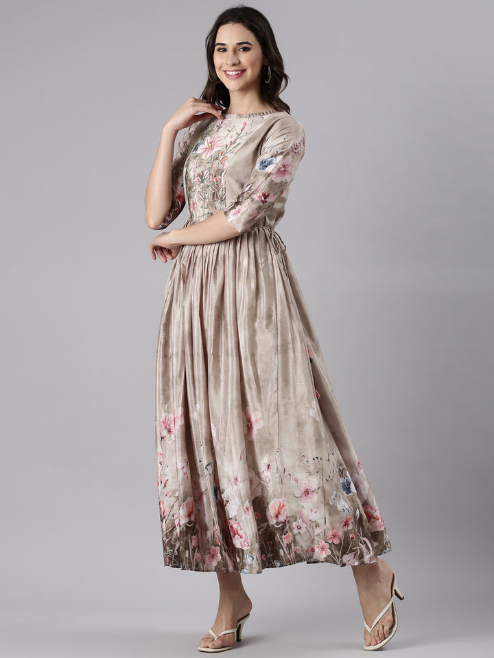 Beige Silk Printed Long Frock