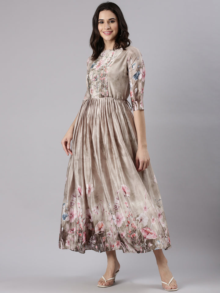 Beige Silk Printed Long Frock