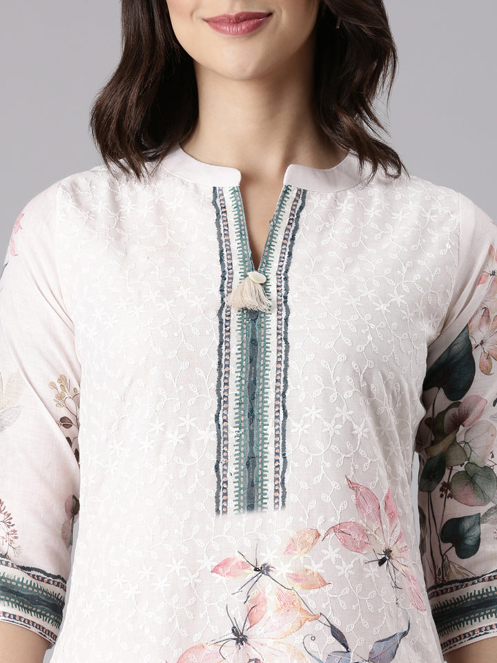 Cream Slub Cotton Printed Three Piece Set