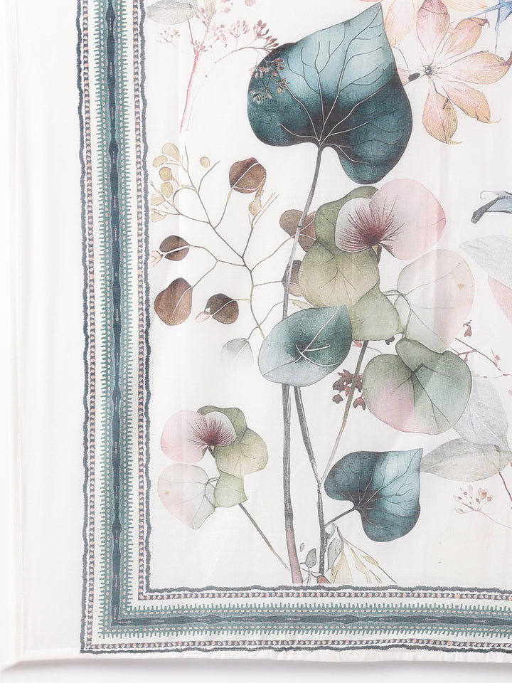 Cream Slub Cotton Printed Three Piece Set