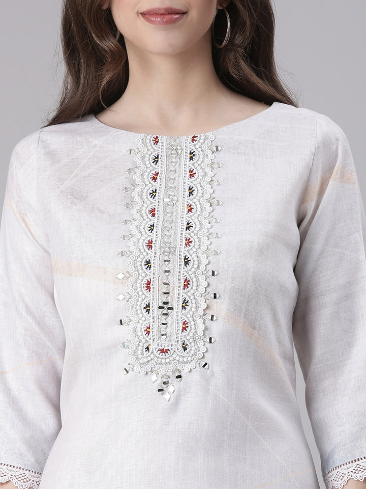 Neerus Off White Solid Straight Kurta and Trousers With Dupatta