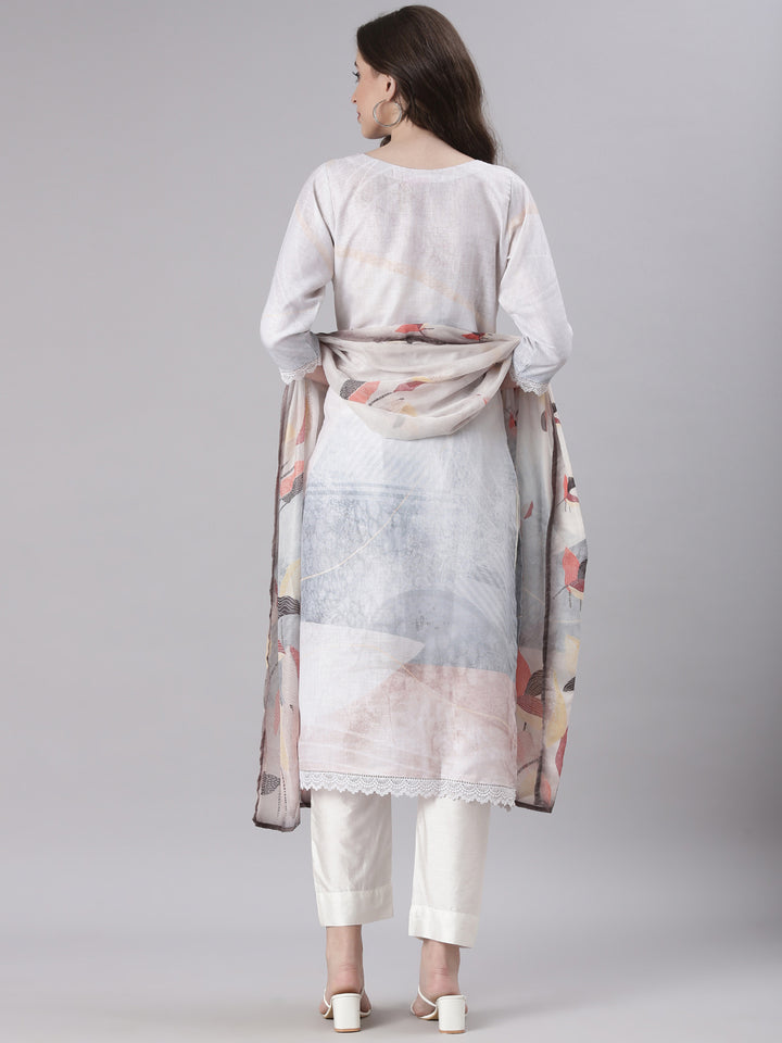 Neerus Off White Solid Straight Kurta and Trousers With Dupatta