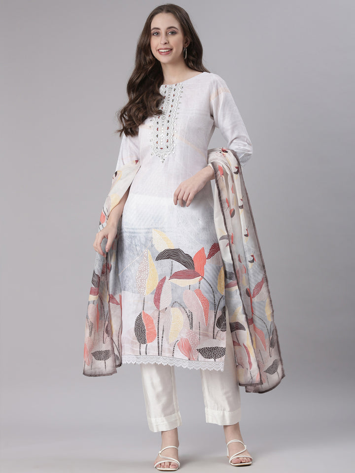Neerus Off White Solid Straight Kurta and Trousers With Dupatta