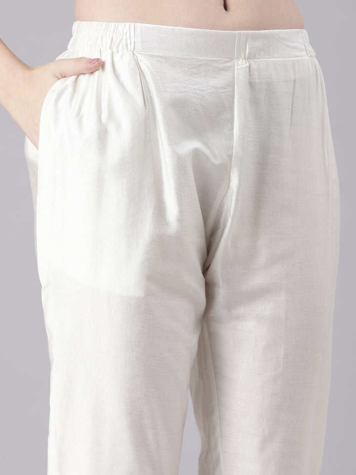 Neerus Off White Solid Straight Kurta and Trousers With Dupatta