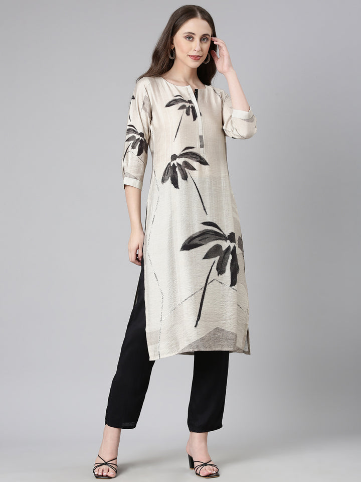 Neerus Grey Casual Floral Straight Kurtas