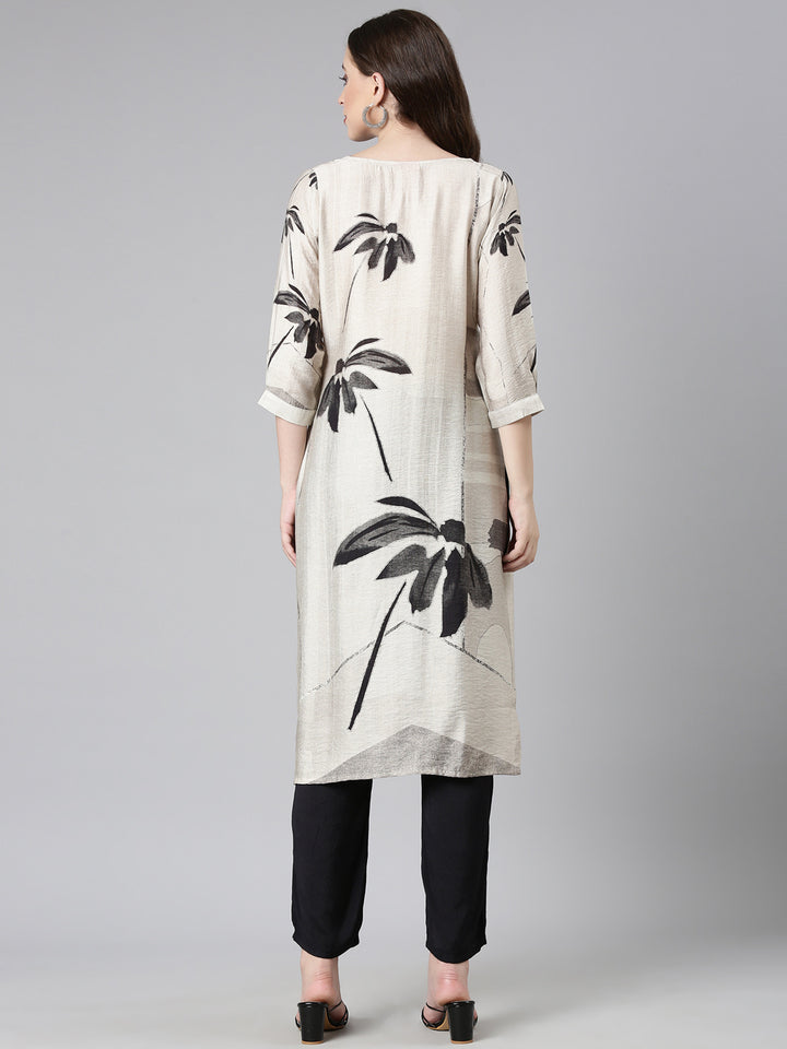 Neerus Grey Casual Floral Straight Kurtas