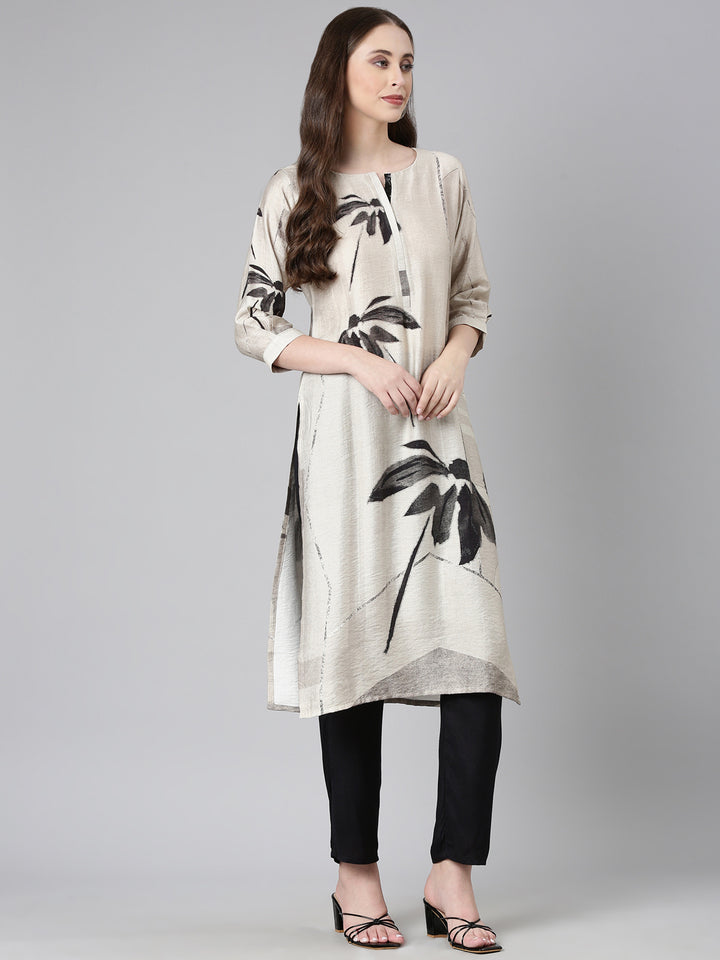 Neerus Grey Casual Floral Straight Kurtas